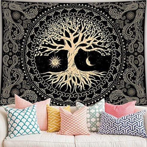Tree of Life Tapestry Gloden Sun and Moon Wall Hanging Tapestry